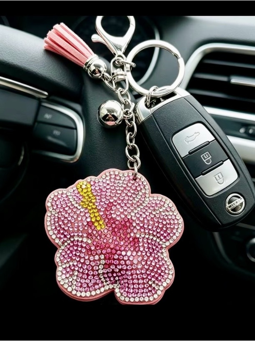 $40.00- Pink Crystal Hibiscus Flower Bag Charm Keychain
